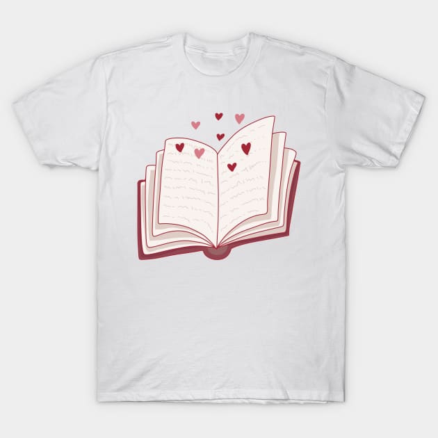 Pink romance book with hearts for romance readers T-Shirt by loulou-artifex